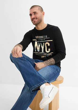 Bluzka z długim rękawem z czystej bawełny organicznej, slim fit • czarny-moro z nadrukiem • sklep bonprix