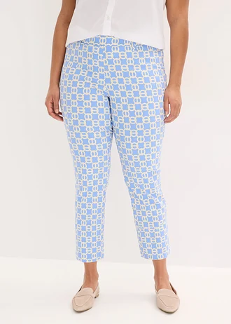7/8 stretchbroek van bengaline, Kleur: middenblauw/ecrubeige met grafische print