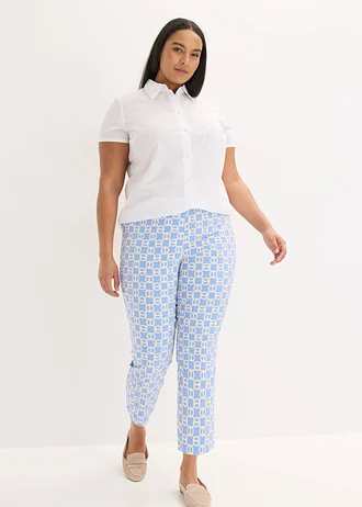 7/8 stretchbroek van bengaline, Kleur: middenblauw/ecrubeige met grafische print