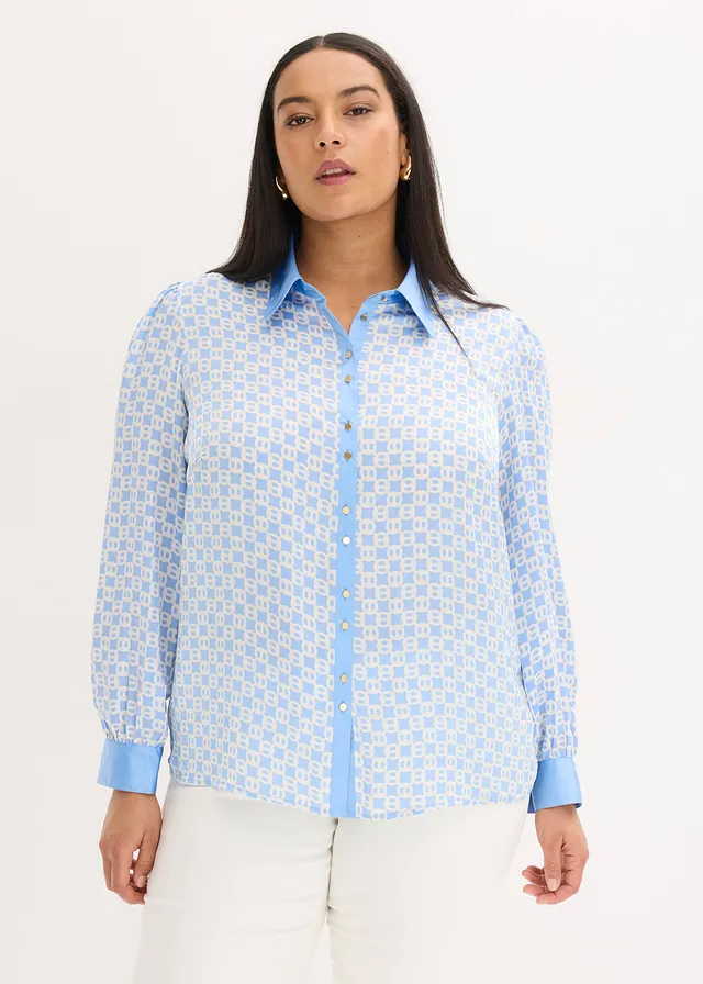 Satijnen blouse, Kleur: middenblauw/natuurbeige grafische print