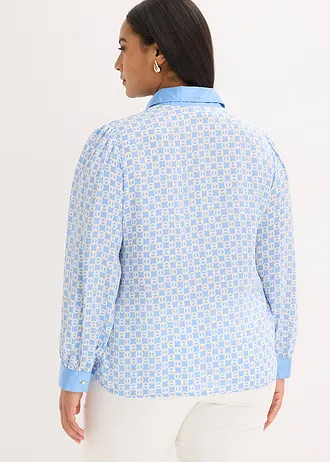 Satijnen blouse, Kleur: middenblauw/natuurbeige grafische print