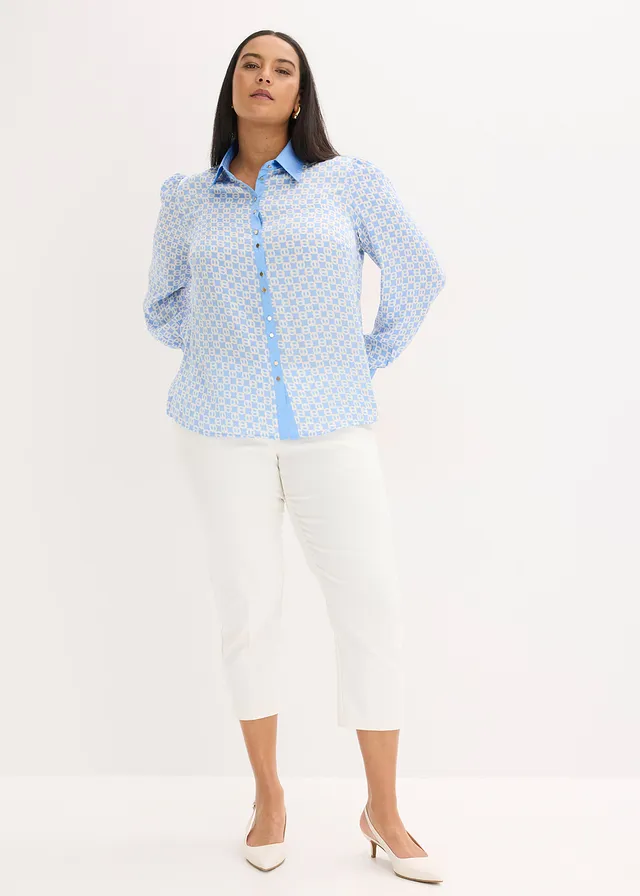 Satijnen blouse, Kleur: middenblauw/natuurbeige grafische print