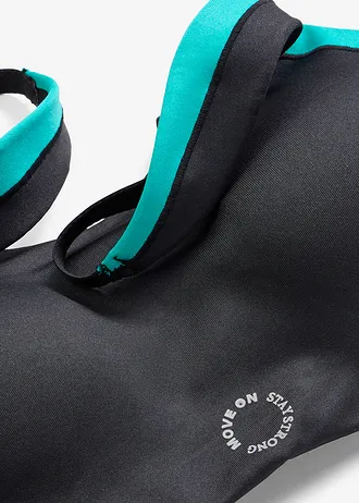 Kipárnázott sport melltartó közepes tartással • fekete-smaragd-brilliánskék • bonprix áruház