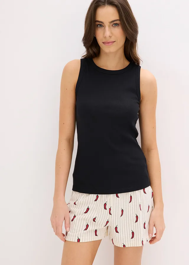 Shortama met geribde tanktop, Kleur: zwart met print