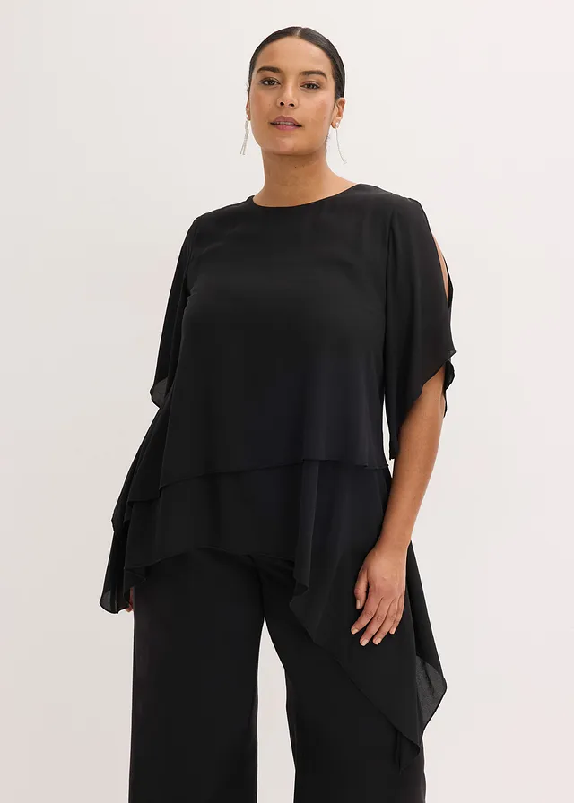 Blouse met puntjes in layerlook, Kleur: zwart