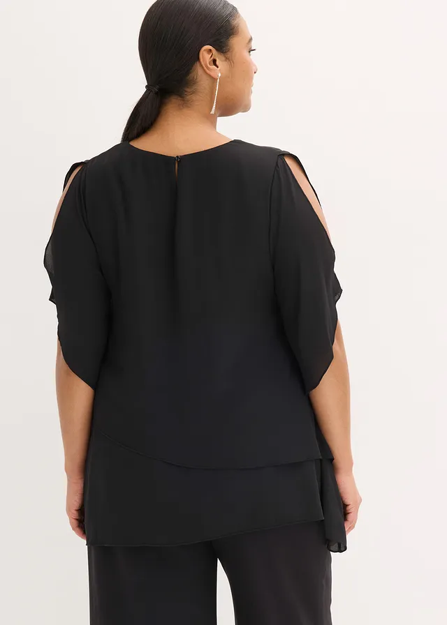 Blouse met puntjes in layerlook, Kleur: zwart