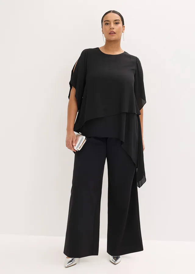 Blouse met puntjes in layerlook, Kleur: zwart
