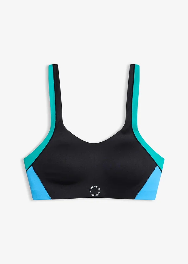 Gewatteerde sport bh met normale steun, Kleur: zwart-smaragd-briljantblauw