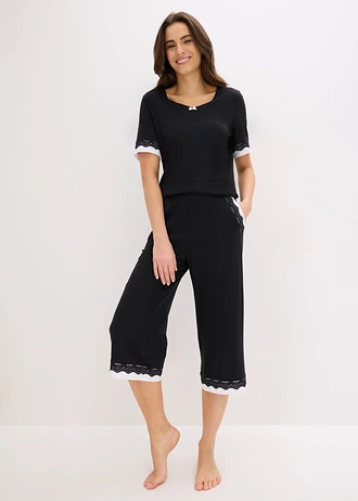 Pantaloni largi culotte din material moale cu viscoză • negru/alb • magazin bonprix