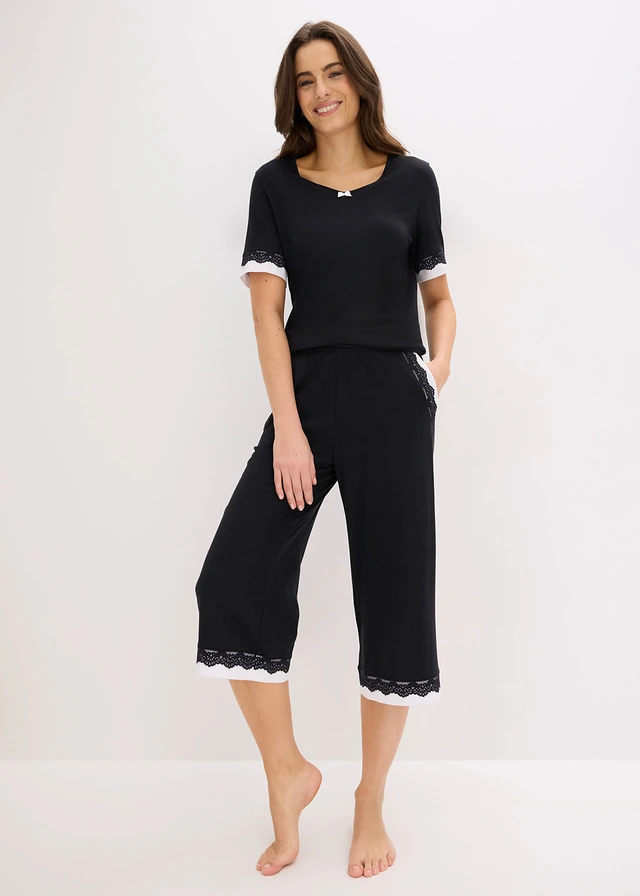 Wijde culotte van zachte viscose-mix, Kleur: zwart/wit