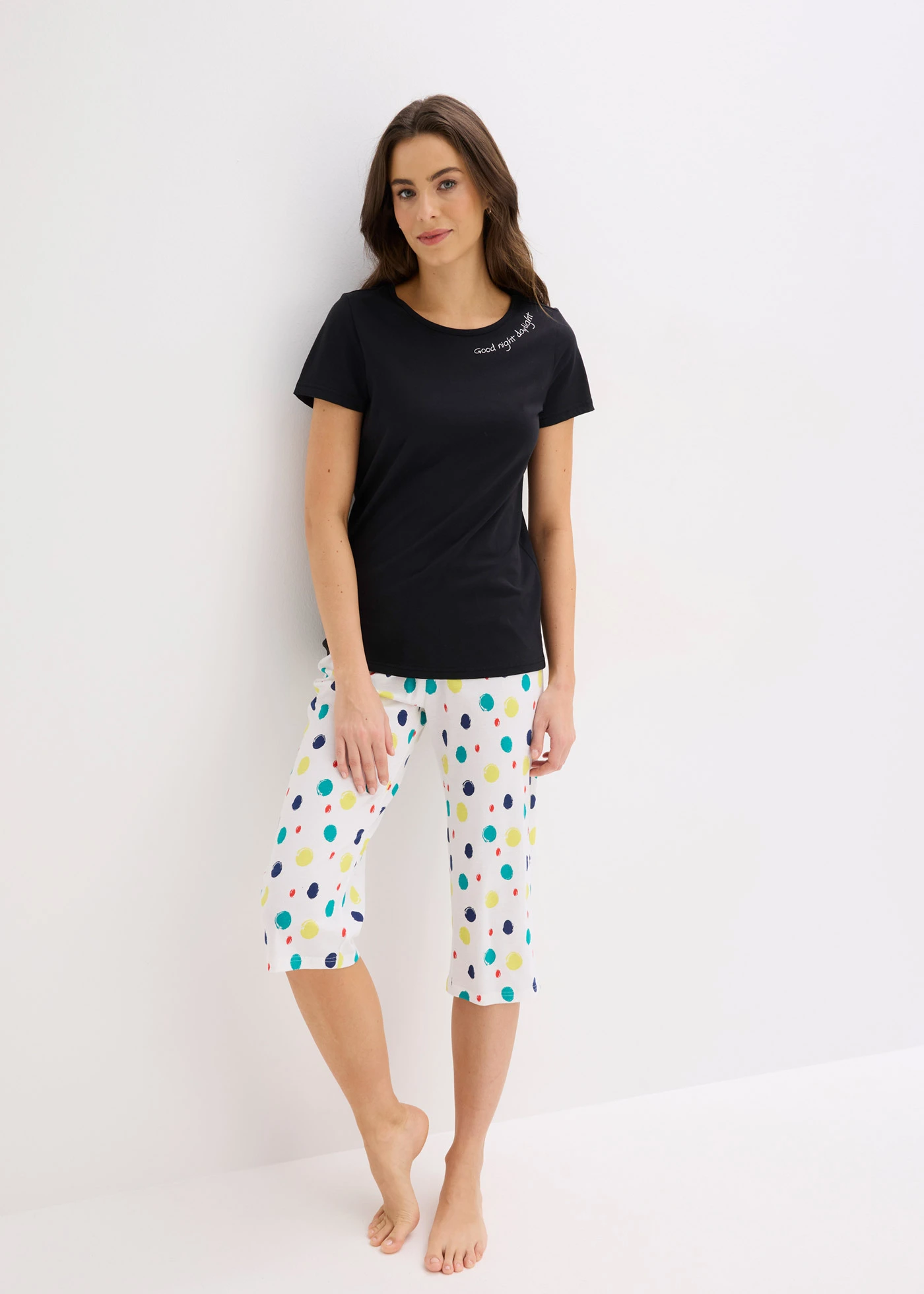 Capri pyjama van puur katoen • zwart gestippeld • bonprix online shop