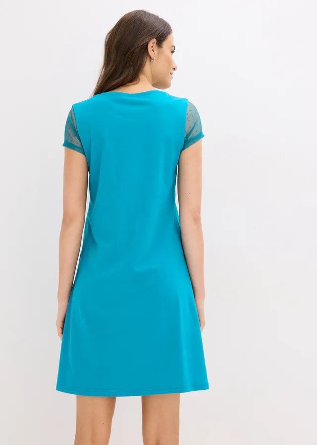 Chemise de nuit courte en coton, Couleur: bleu lagon