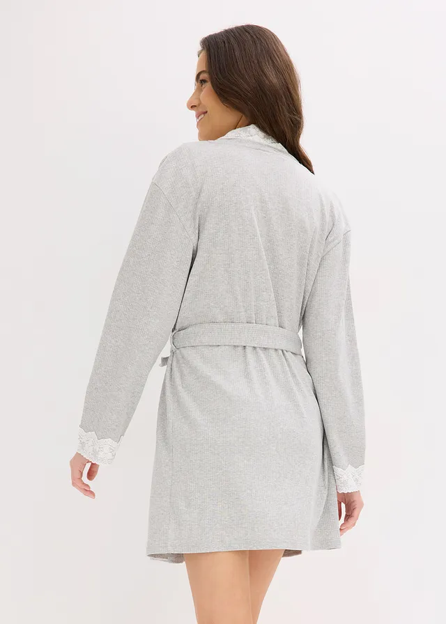 Kimono van puur katoen met ribstructuur, Kleur: lichtgrijs gemêleerd-wit