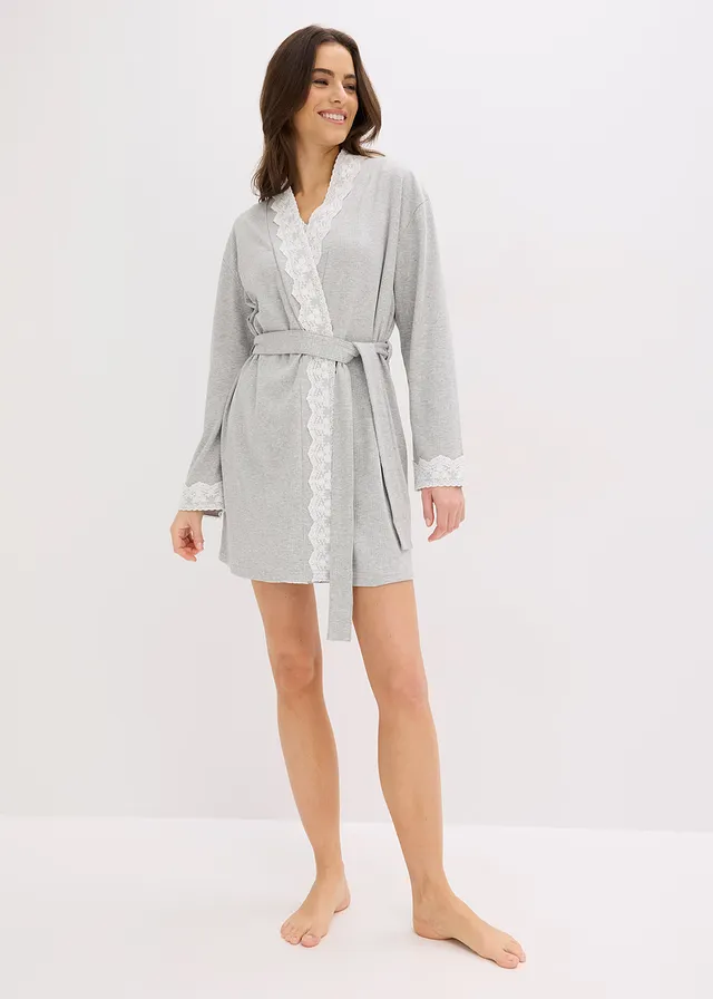 Kimono van puur katoen met ribstructuur, Kleur: lichtgrijs gemêleerd-wit