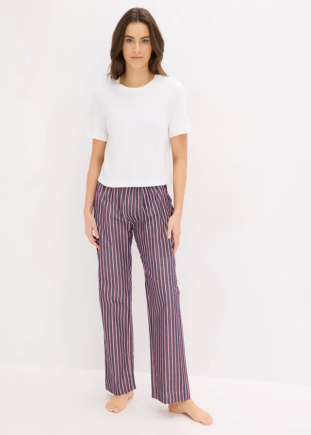 Pyjama met stoffen broek, Kleur: wit-maritiemblauw gestreept
