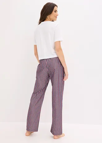 Pyjama avec pantalon tissé, Couleur: blanc-bleu marine rayé