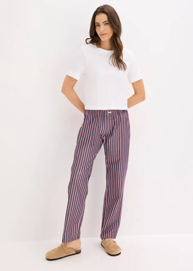 Pyjama met stoffen broek, Kleur: wit-maritiemblauw gestreept
