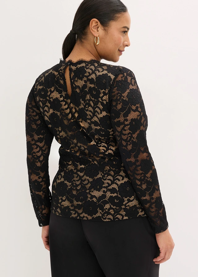Longsleeve van kant, Kleur: zwart