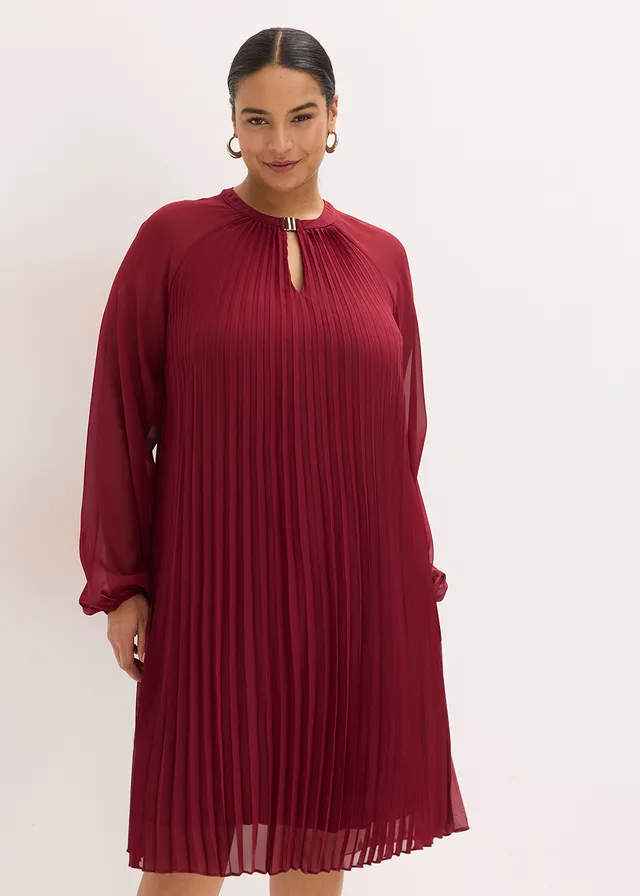 Mini jurk van fijn chiffon met plissé, Kleur: robijnrood
