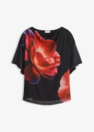 Shirt van mesh, Kleur: zwart met bloemenprint