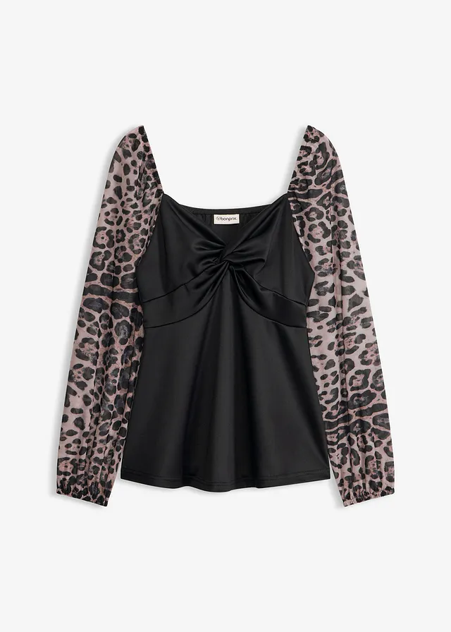 Longsleeve met mesh mouwen, Kleur: zwart luipaardprint