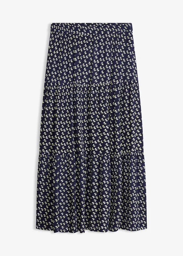 Jupe longue étagée en viscose texturée, Couleur: bleu foncé floral