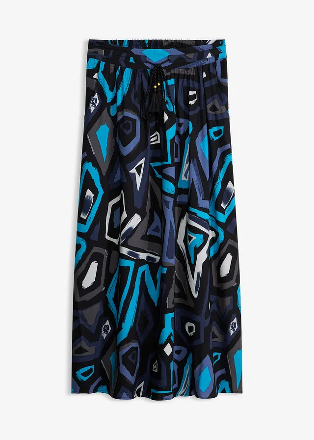 Maxi rok van soepele viscose, Kleur: zwart-blauw grafische print