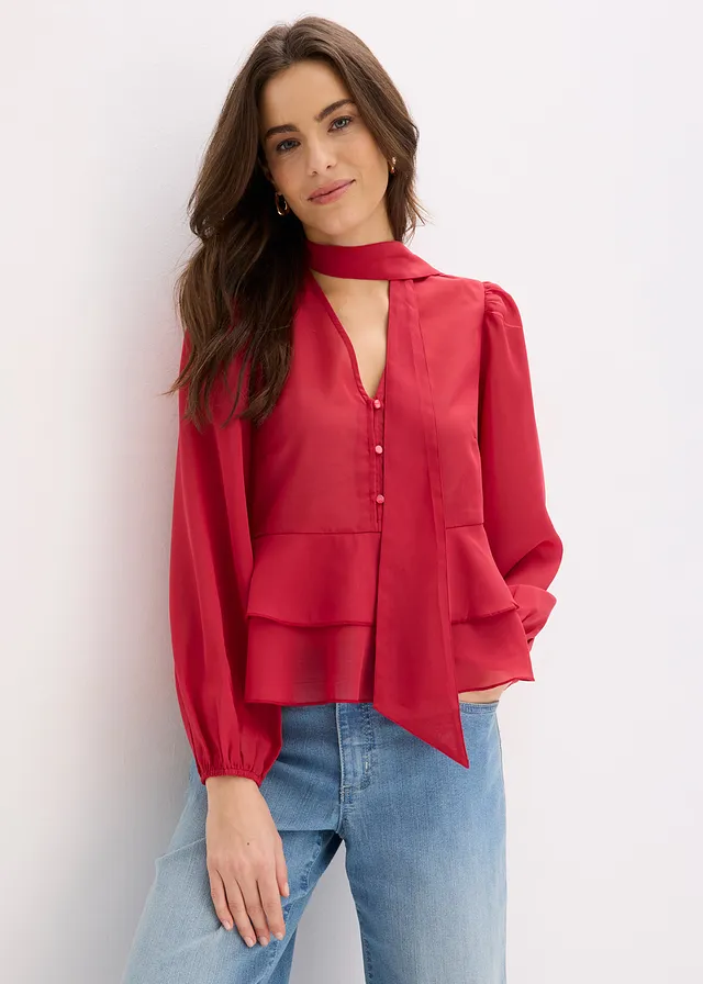Blouse met strik, Kleur: kersenrood