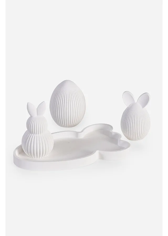 Obiect decorativ iepurași și ou pe suport tip tavă (set/4 piese)