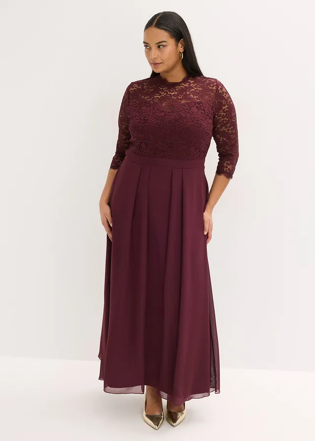 Maxi jurk met kant, Kleur: wijnrood