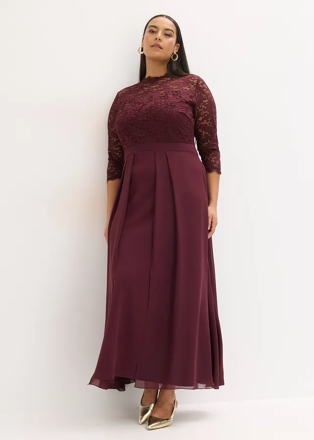 Maxi jurk met kant, Kleur: wijnrood