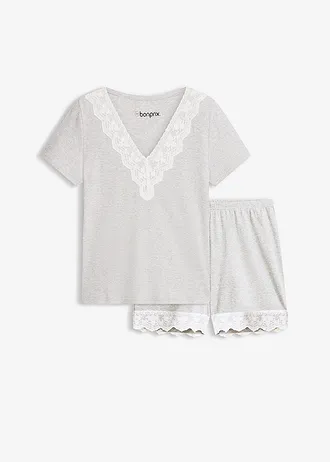 Pijama cu pantaloni scurți din material ripsat din bumbac 100% • gri deschis melanj/alb • magazin bonprix