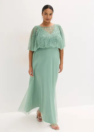Rochie maxi din tul fin cu broderie cu paiete, culoare: verde pastel