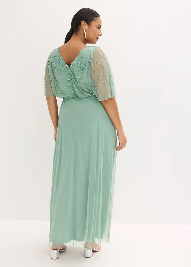 Robe longue en tulle fin avec sequins brodés, Couleur: vert pastel