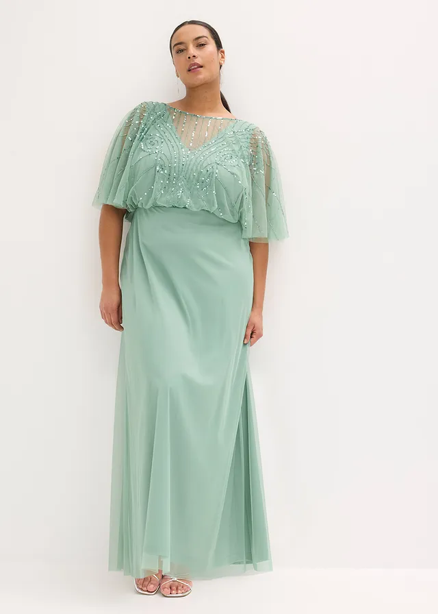 Robe longue en tulle fin avec sequins brodés, Couleur: vert pastel