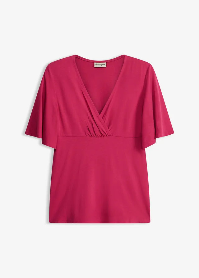 T-shirt en jersey à décolleté plongeant, Couleur: magenta