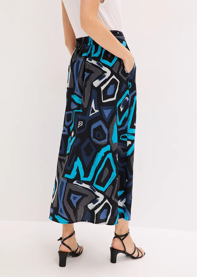 Jupe longue en viscose fluide, Couleur: noir/bleu graphique