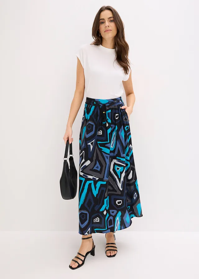 Maxi rok van soepele viscose, Kleur: zwart-blauw grafische print