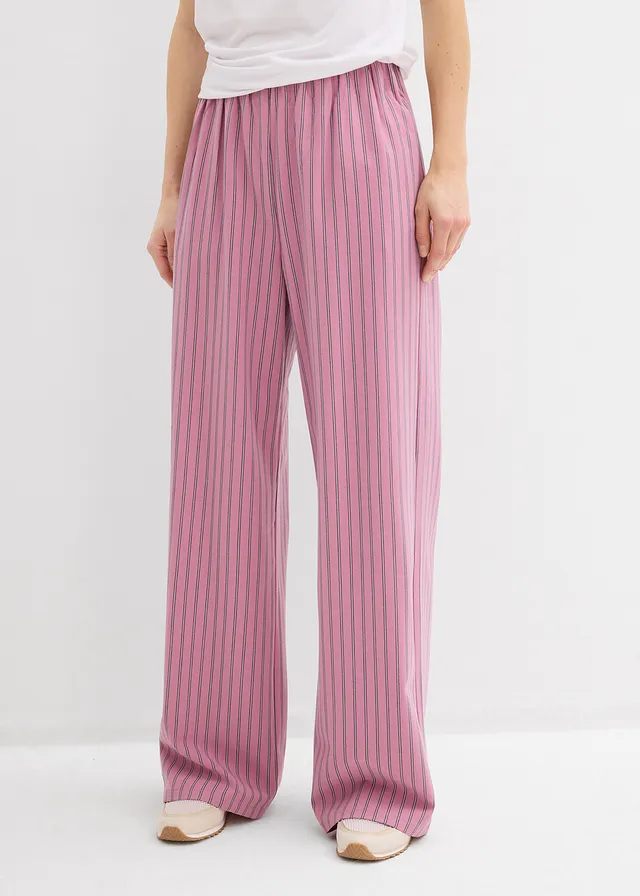 Instapbroek van soepele stof, Kleur: mauve-wit-donkerblauw verticaal gestreept