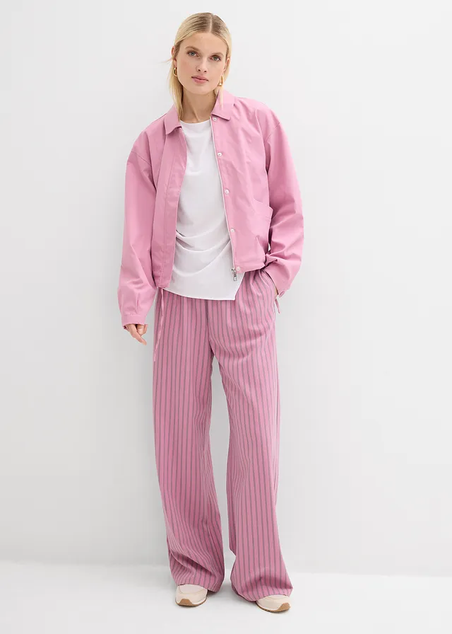 Instapbroek van soepele stof, Kleur: mauve-wit-donkerblauw verticaal gestreept