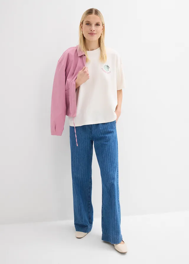 Oversized shirt, Kleur: wolwit-lichtblauwmet print