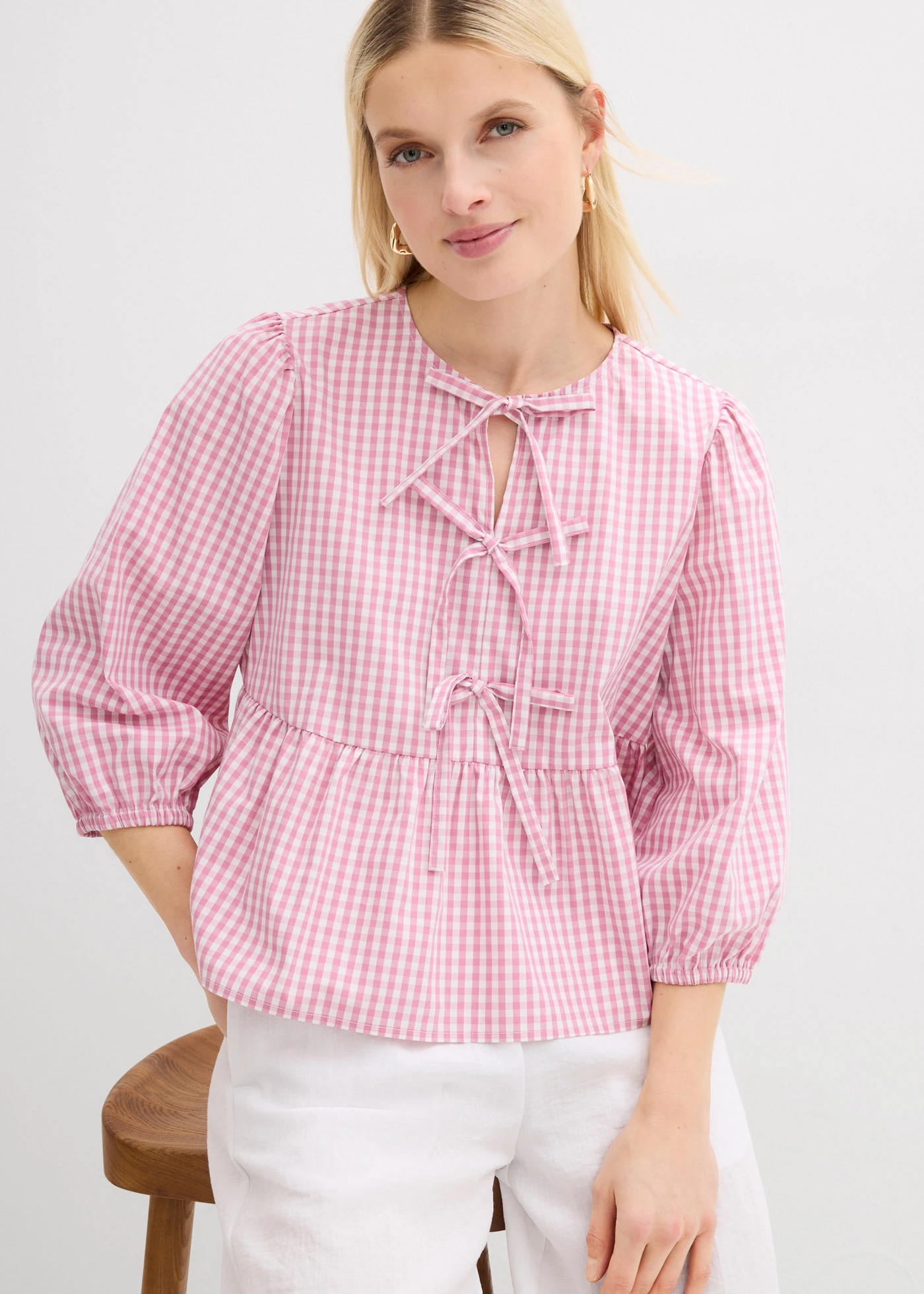 Blouse met strikdetail • mauve-wit • bonprix online shop