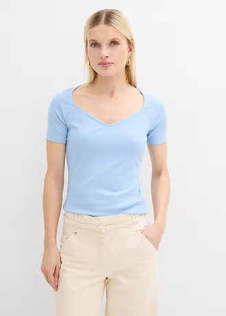 T-shirt côtelé en viscose extensible, Couleur: bleu clair