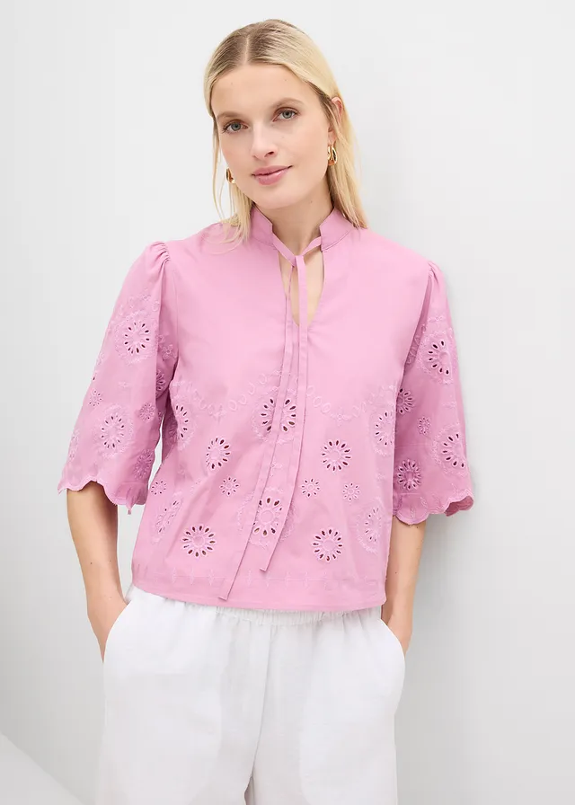 Bluză scurtă tip tunică cu broderie perforată • mov-maroniu • magazin bonprix