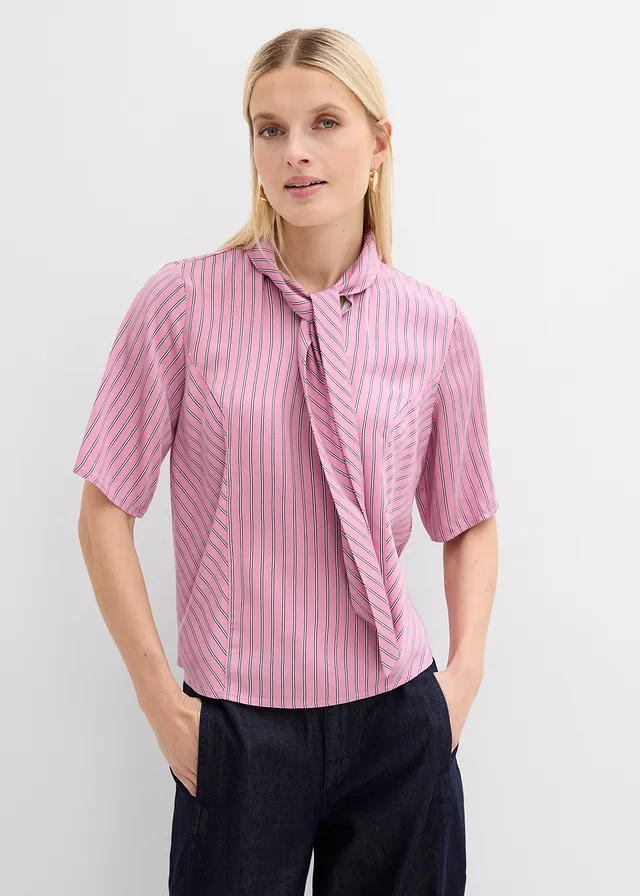 Blouse à lavallière en modal doux, Couleur: mauve-bleu foncé-blanc rayé