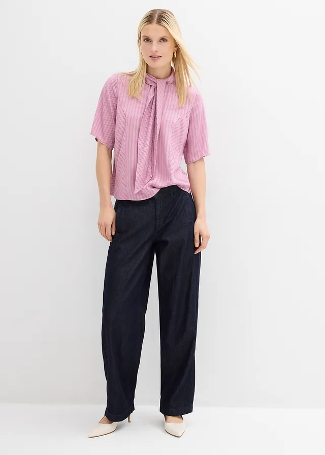 Blouse à lavallière en modal doux, Couleur: mauve-bleu foncé-blanc rayé