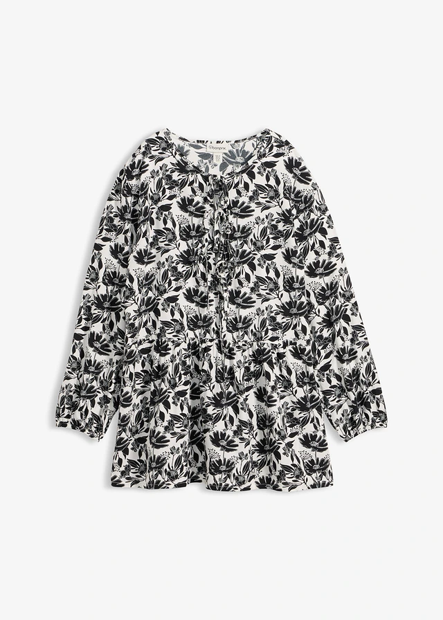 Lange tuniek van viscose, Kleur: wit-zwart gedessineerd