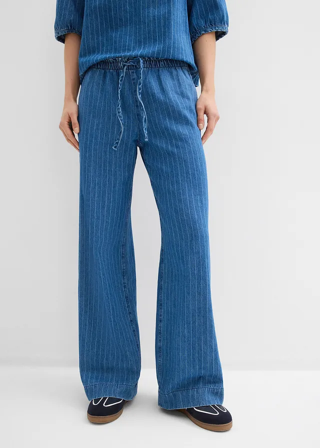 Jean large à taille entièrement élastiquée, coton, Couleur: bleu stone rayé