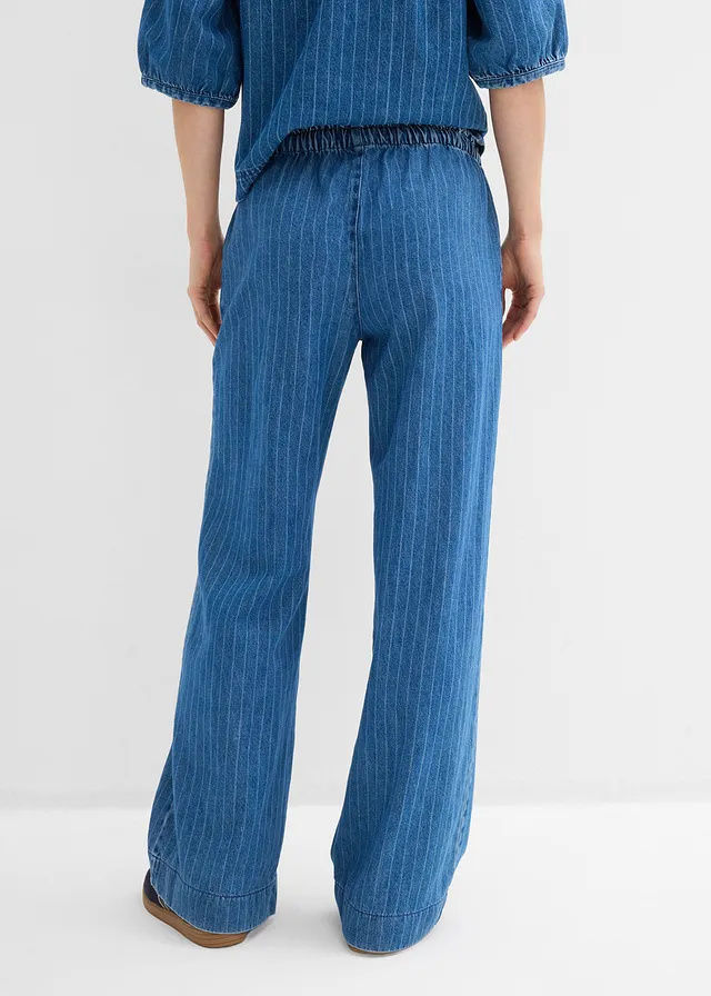 Wide leg jeans van katoen, Kleur: blue stone gestreept