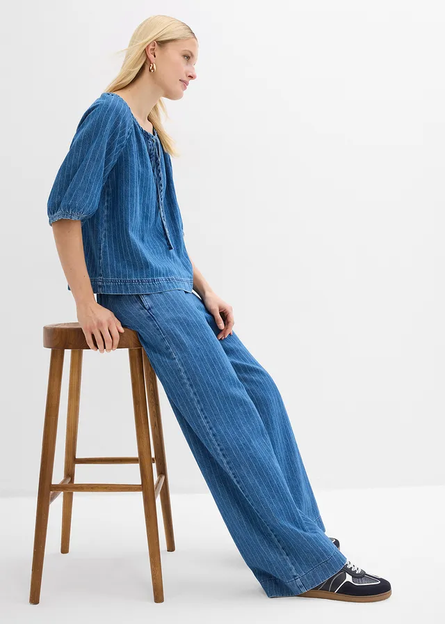 Wide leg jeans van katoen, Kleur: blue stone gestreept